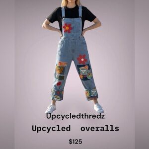 Upcycled Light Blue Denim Overalls with Colorful Flower Patches